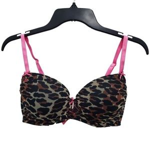 Betsey Johnson Lightly Padded Underwire Leopard Print & Hot Pink Bra Size 34D